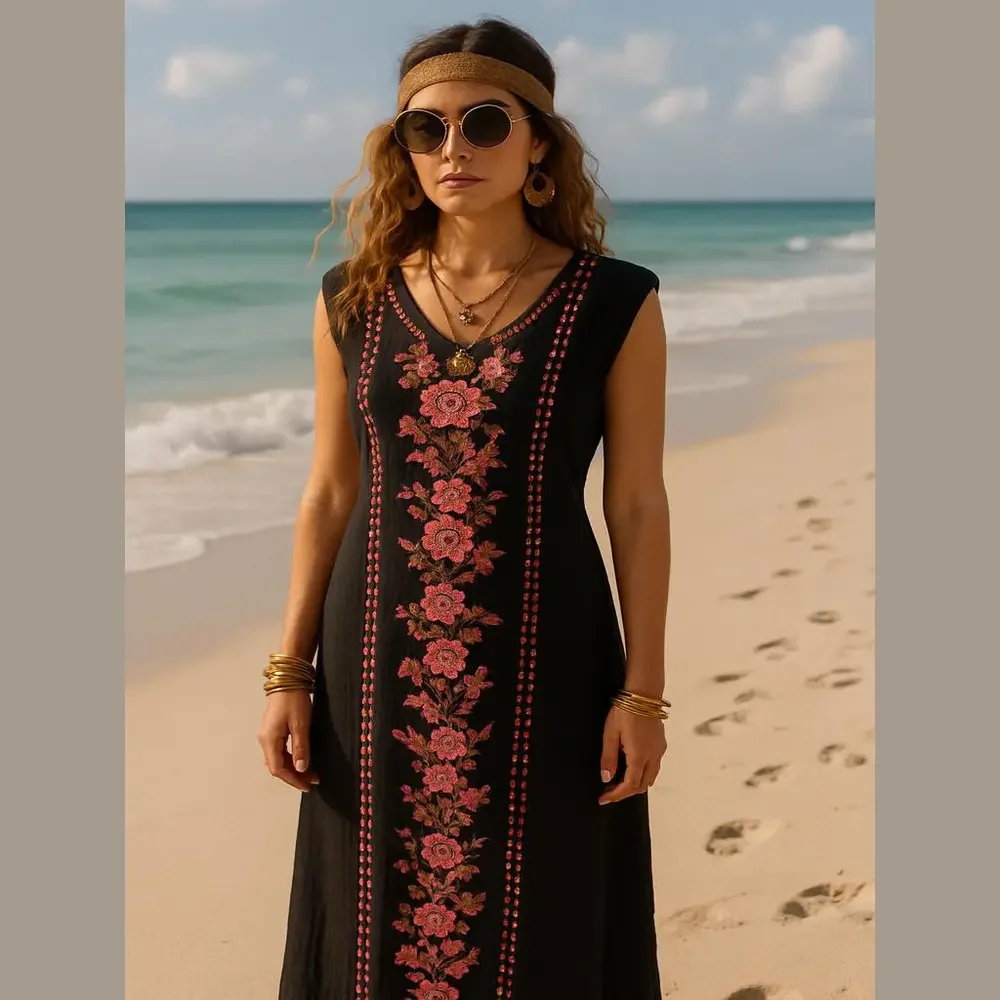 Xhilaration Floral Maxi black pink bohemian Dress M - Picture 5 of 12
